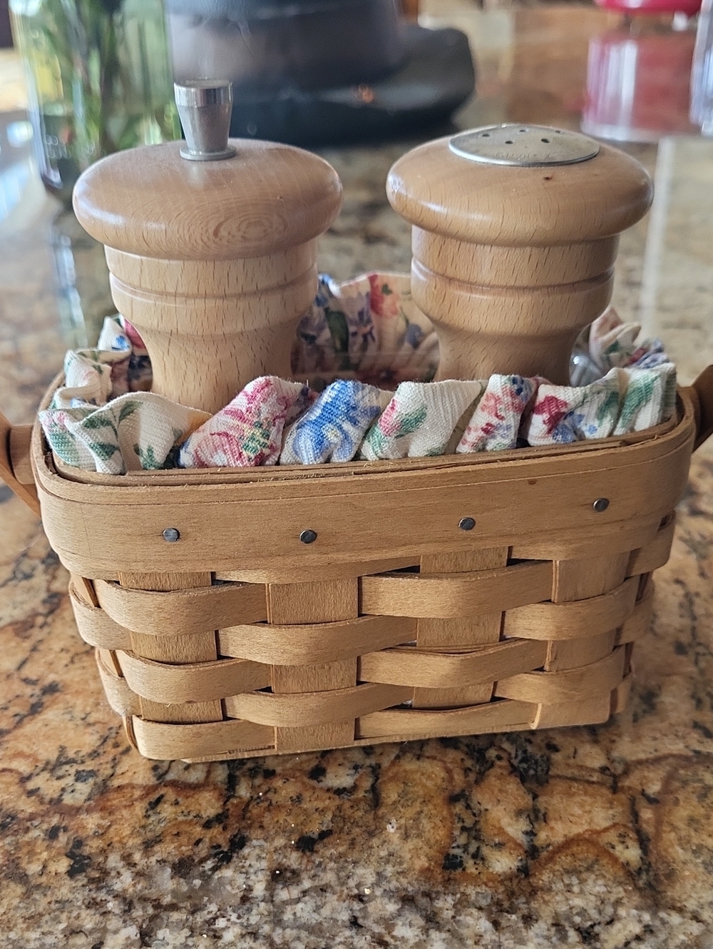 Longaberger Wooden Salt & Pepper Set with Floral Liner - Natural Wood